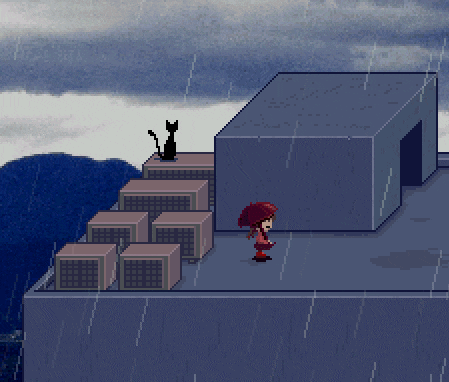 a screenshot of yume nikki, on a rainy building. click it to find something special!